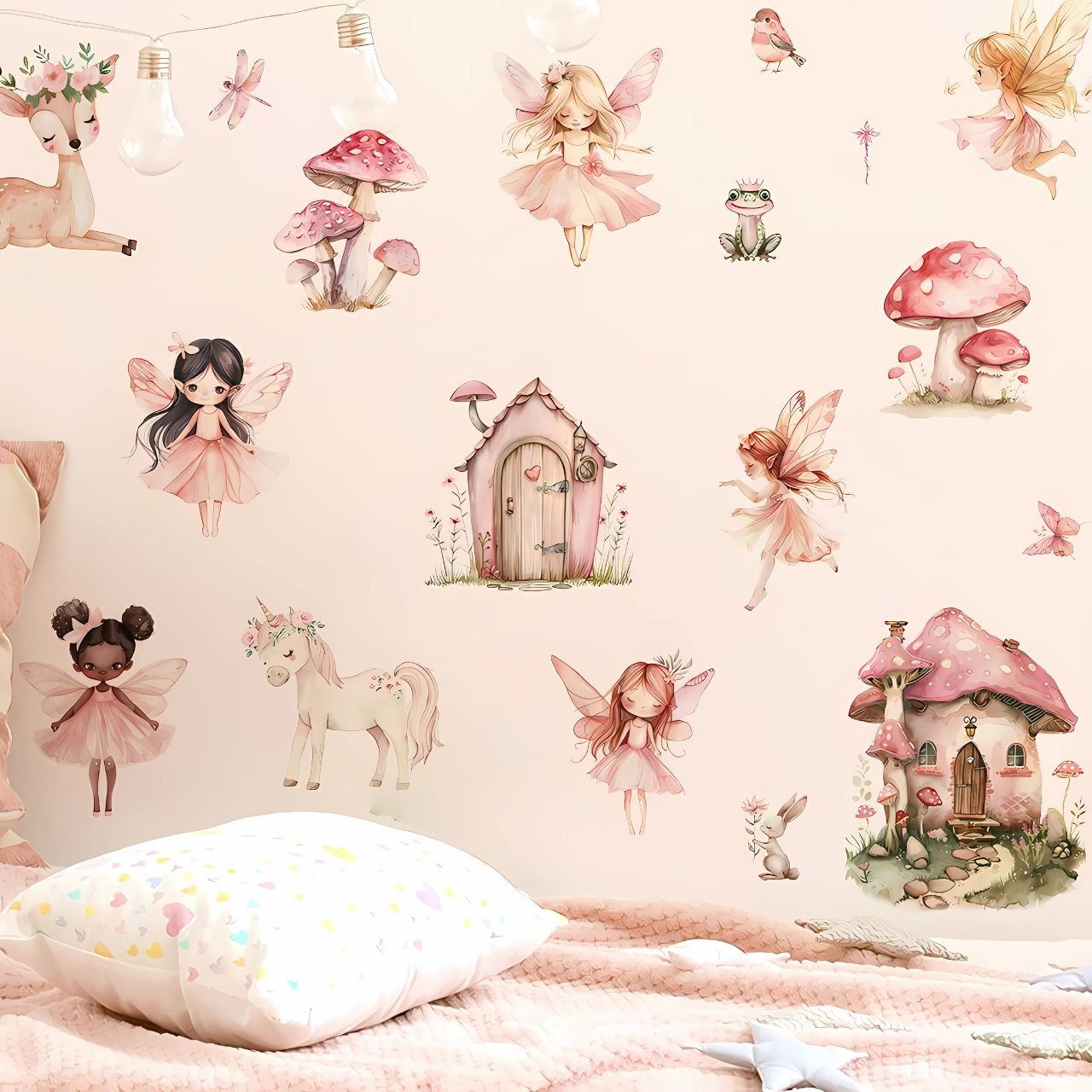 Fairy with Mushroom House & Plants Kids Wall Sticker