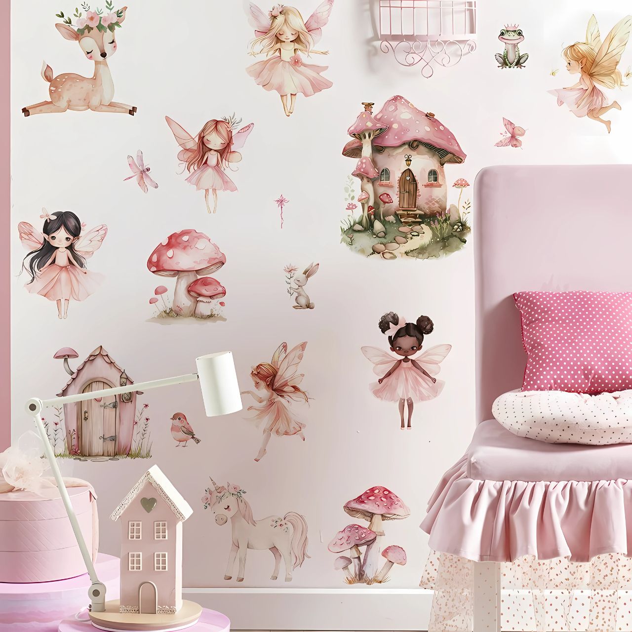 Fairy with Mushroom House & Plants Kids Wall Sticker