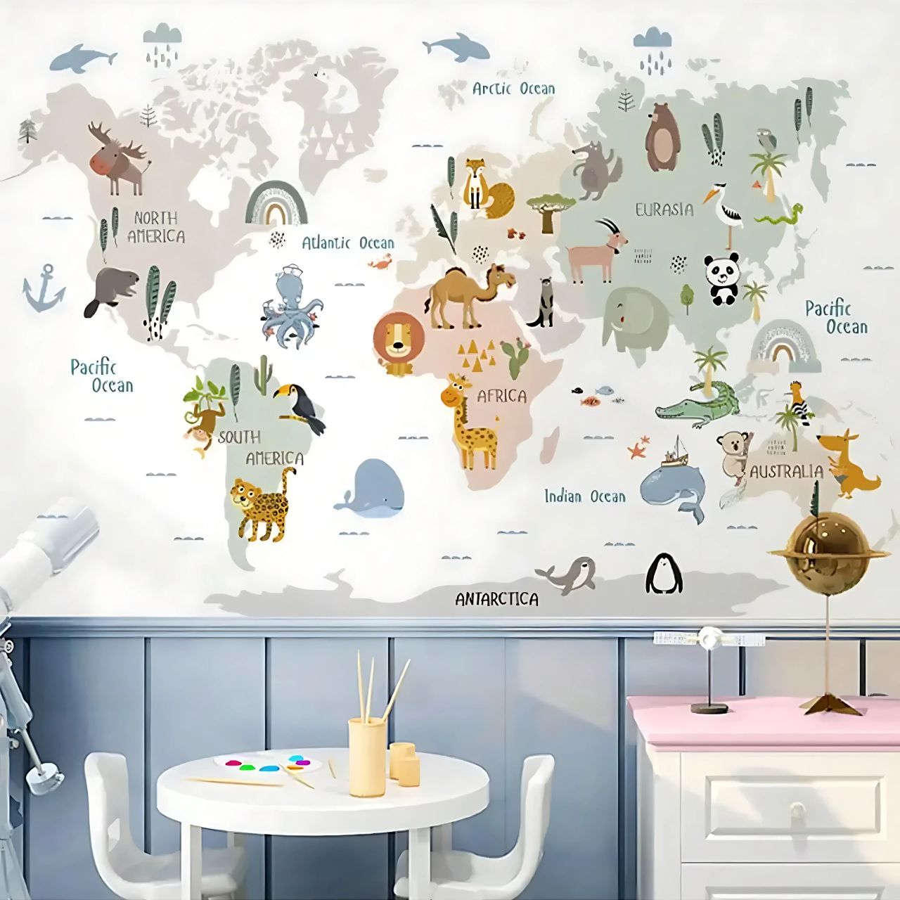 Animal World Map Kids Wall Stickers