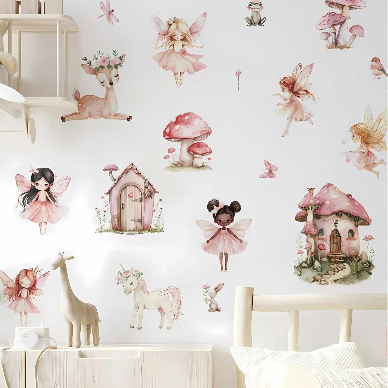 Fairy with Mushroom House & Plants Kids Wall Sticker