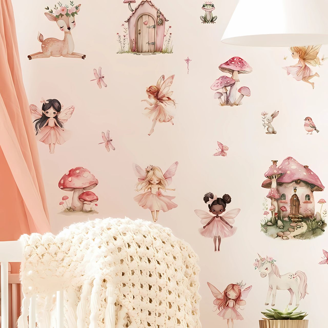 Fairy with Mushroom House & Plants Kids Wall Sticker