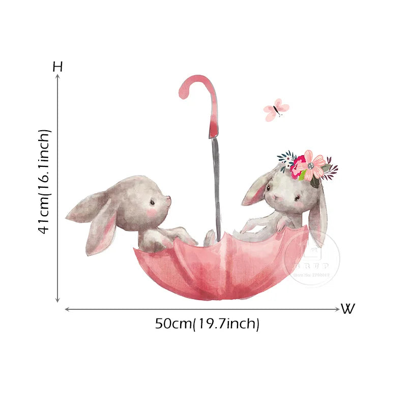 Pink Umbrella Butterfly Bunny in Love Kids Wall Stickers