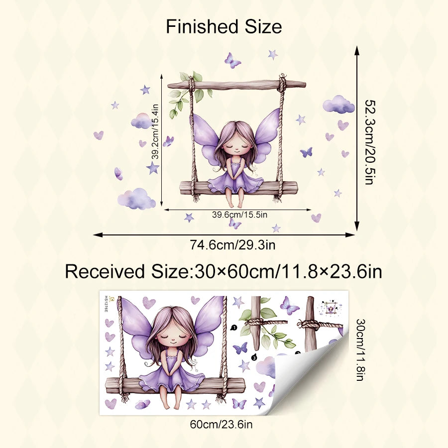 Purple Star Fairy Butterfly Swing Kids Wall Stickers