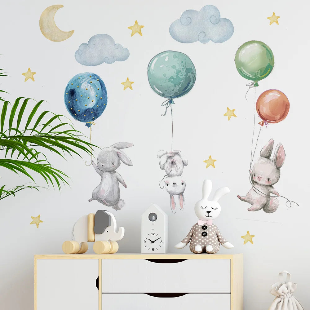 Cute Flying Rabbits with Balloons Kids Wall Stickers