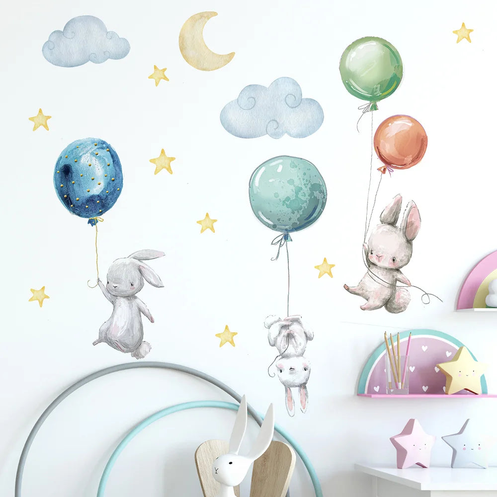 Cute Flying Rabbits with Balloons Kids Wall Stickers