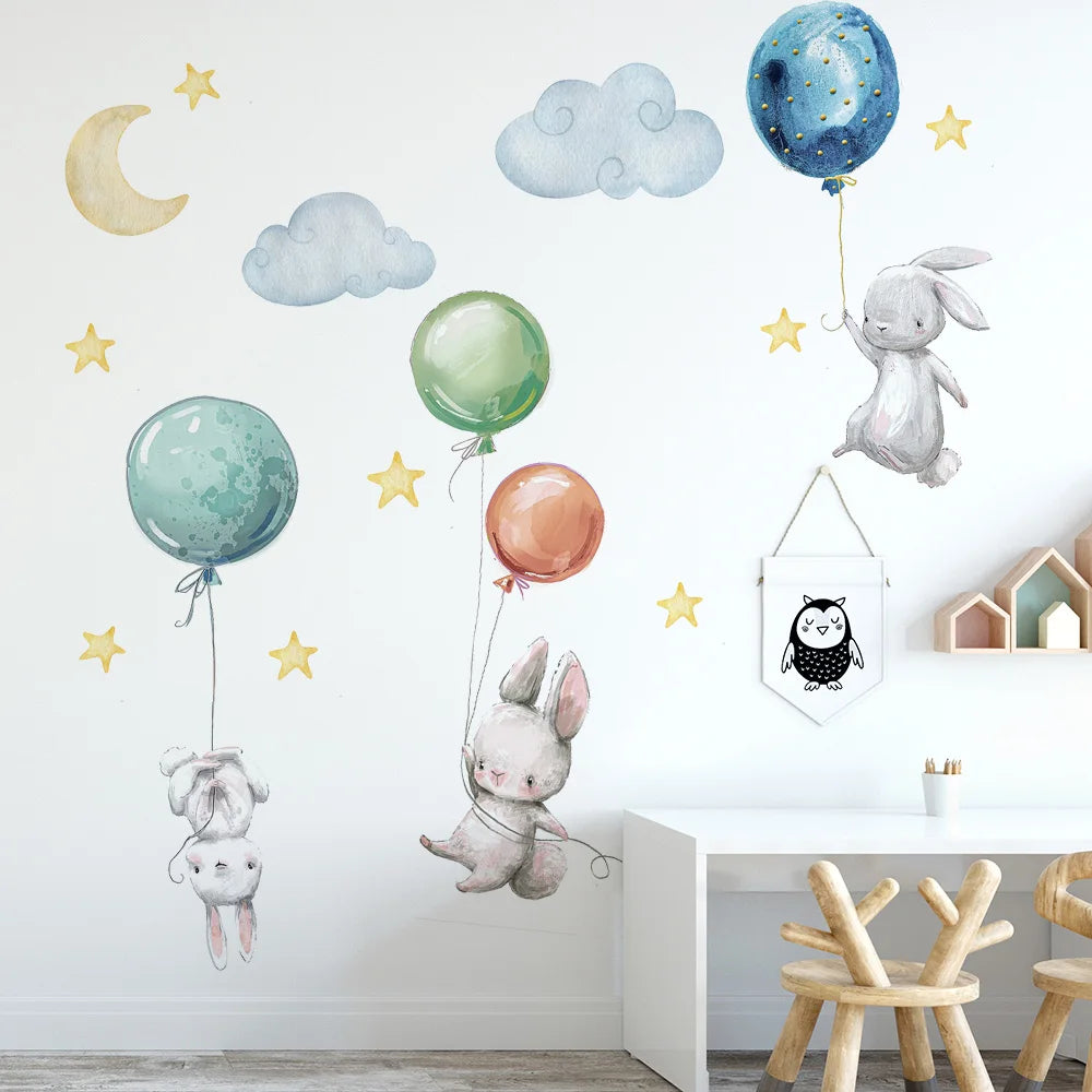 Cute Flying Rabbits with Balloons Kids Wall Stickers