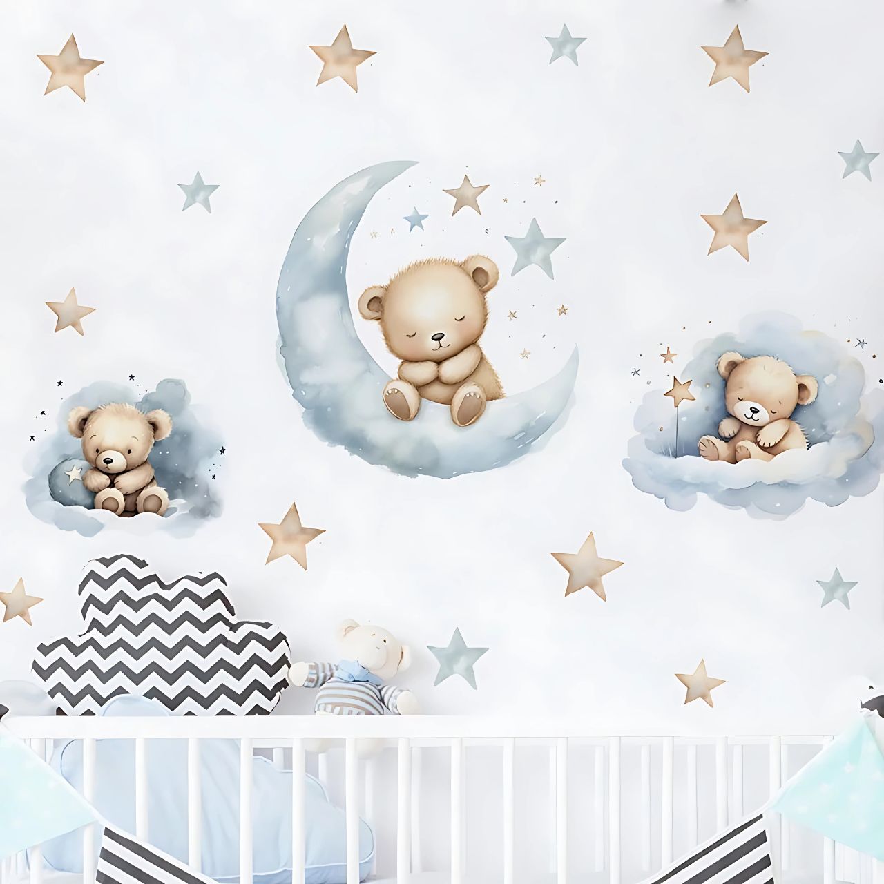 Blue Teddy Bear with Moon Kids Wall Stickers
