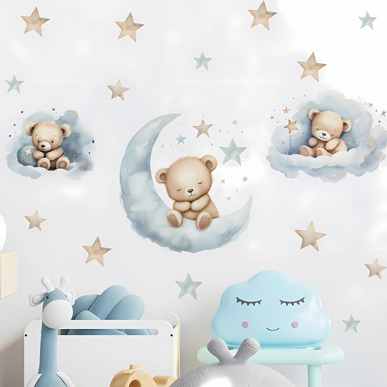 Blue Teddy Bear with Moon Kids Wall Stickers