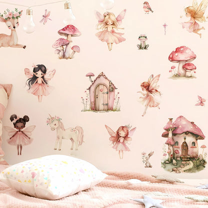 Fairy with Mushroom House & Plants Kids Wall Sticker