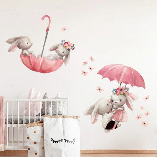 Pink Umbrella Butterfly Bunny in Love Kids Wall Stickers