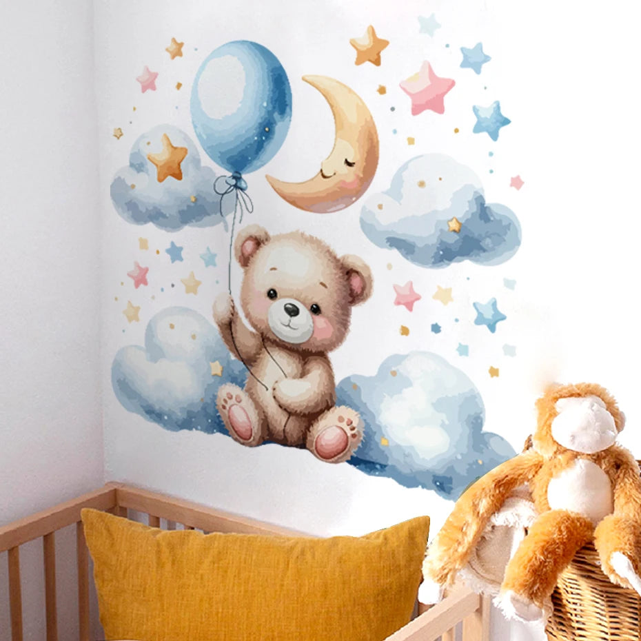 Teddy Bear Cloud Stars Balloon Kids Wall Stickers