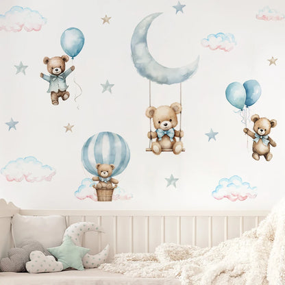 Bear, Hot Air Balloon & Clouds Kids Wall Stickers