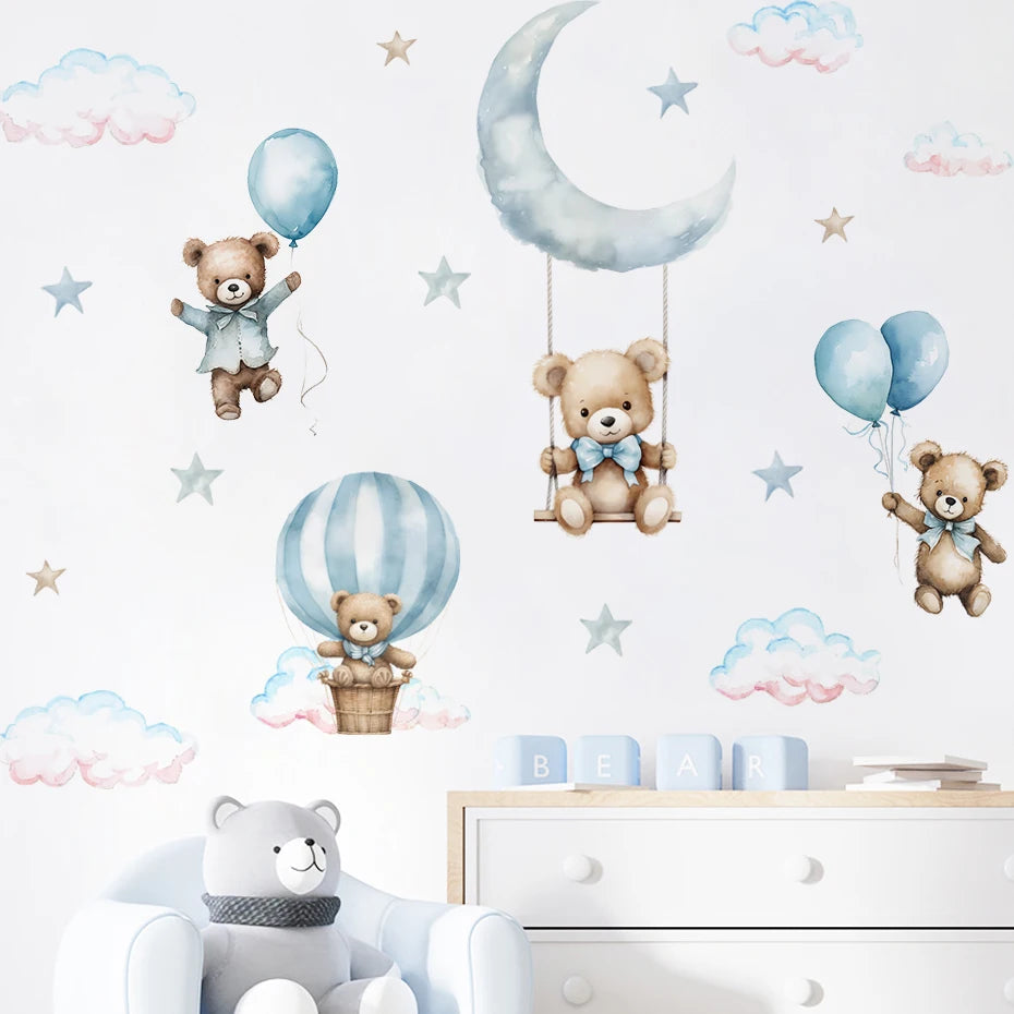Bear, Hot Air Balloon & Clouds Kids Wall Stickers