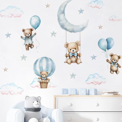 Bear, Hot Air Balloon & Clouds Kids Wall Stickers