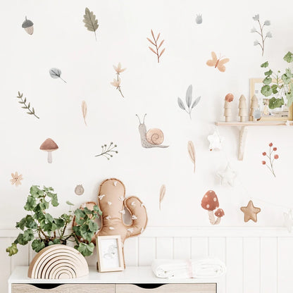 Boho Snail Mushroom Leaves Kids Wall Stickers