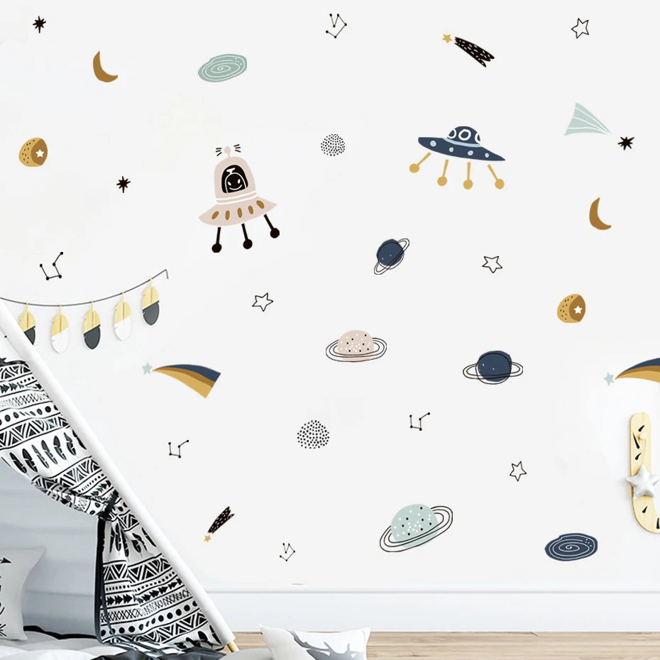 Cartoon Ufo Aliens Planet Kids Wall Stickers