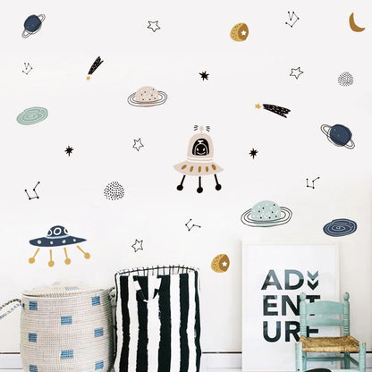 Cartoon Ufo Aliens Planet Kids Wall Stickers