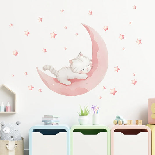 Pink Moon Cute Cat Sleep Kids Wall Stickers