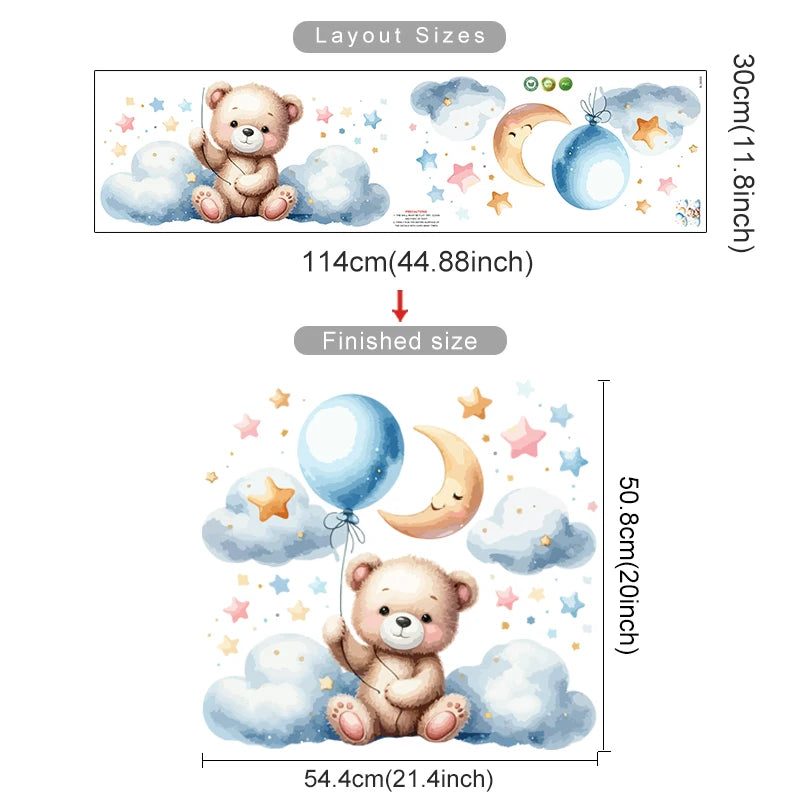 Teddy Bear Cloud Stars Balloon Kids Wall Stickers