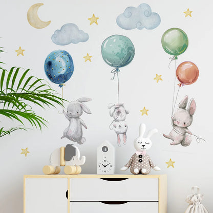 Cute Flying Rabbits with Balloons Kids Wall Stickers