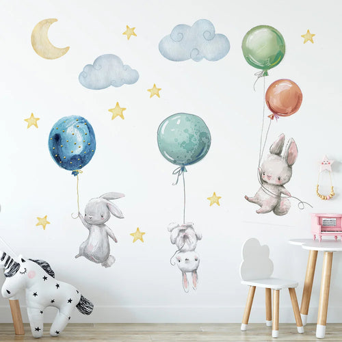 Cute Flying Rabbits with Balloons Kids Wall Stickers