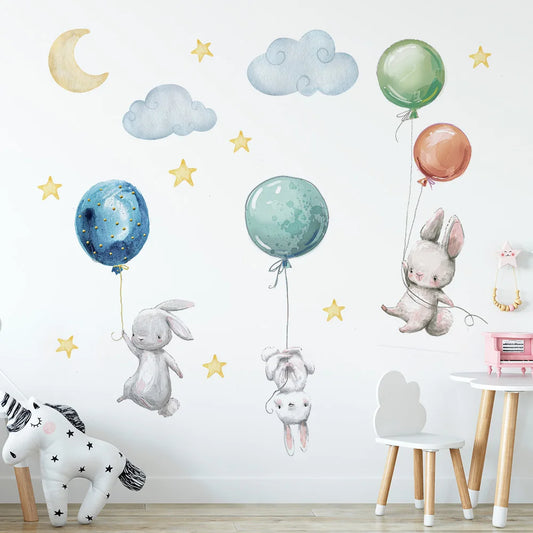 Cute Flying Rabbits with Balloons Kids Wall Stickers