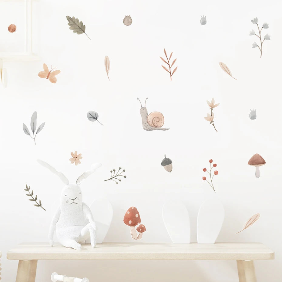 Boho Snail Mushroom Leaves Kids Wall Stickers