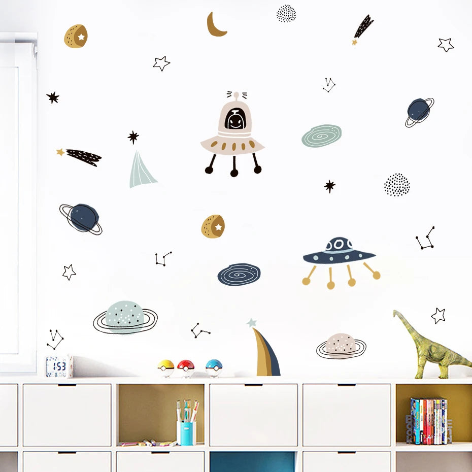 Cartoon Ufo Aliens Planet Kids Wall Stickers
