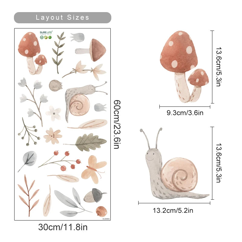 Boho Snail Mushroom Leaves Kids Wall Stickers