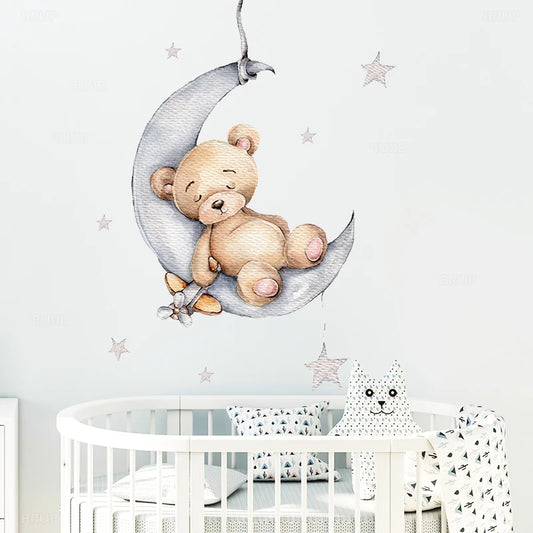 Cartoon Teddy Bear Sleeping on the Moon Kids Wall Stickers