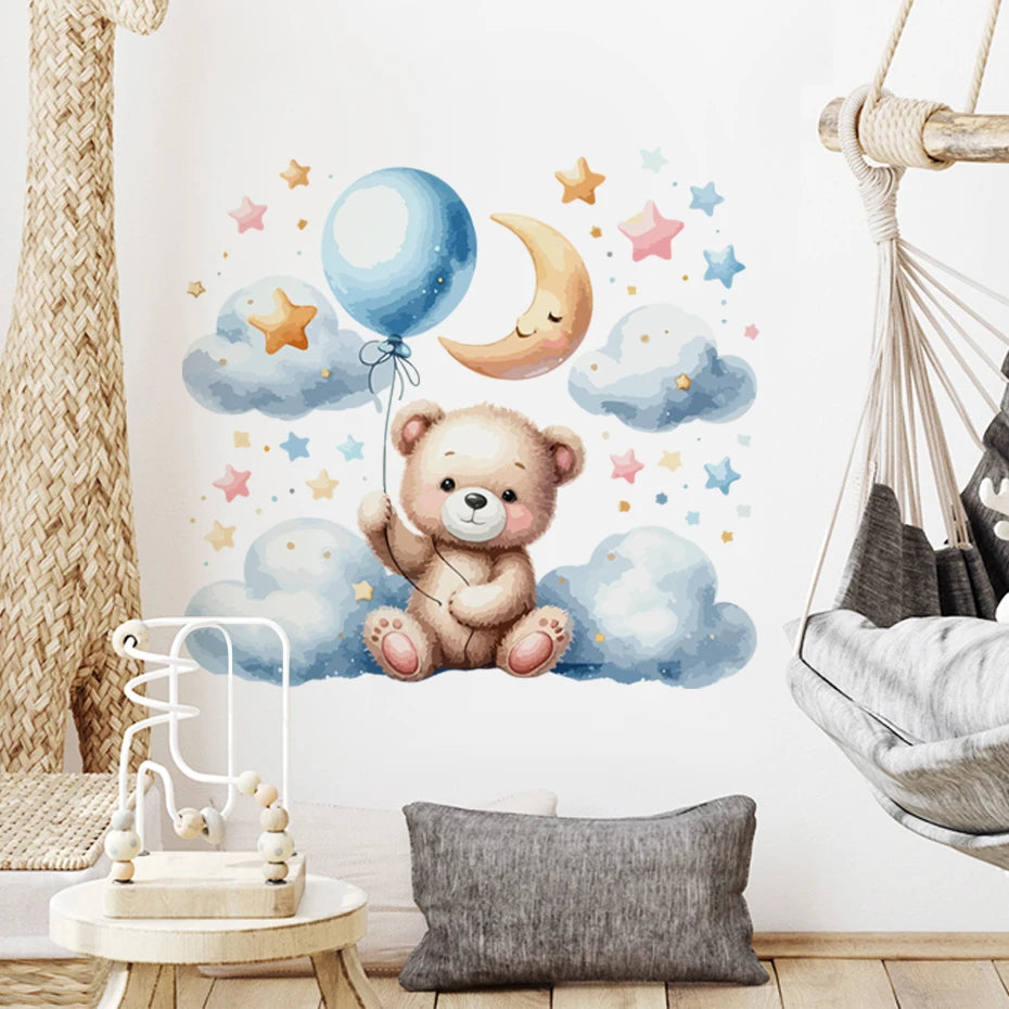 Teddy Bear Cloud Stars Balloon Kids Wall Stickers