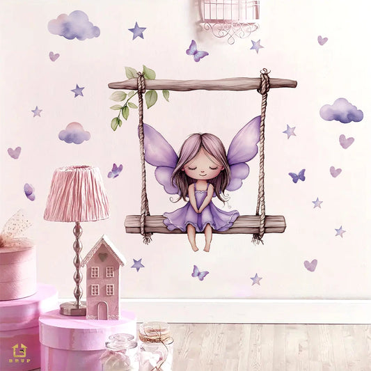 Purple Star Fairy Butterfly Swing Kids Wall Stickers