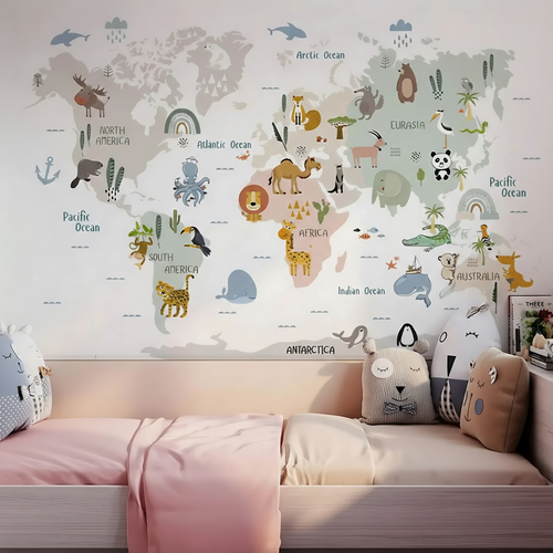 Animal World Map Kids Wall Stickers