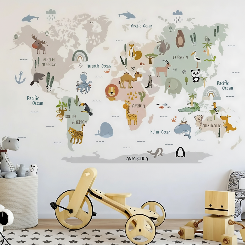 Animal World Map Kids Wall Stickers