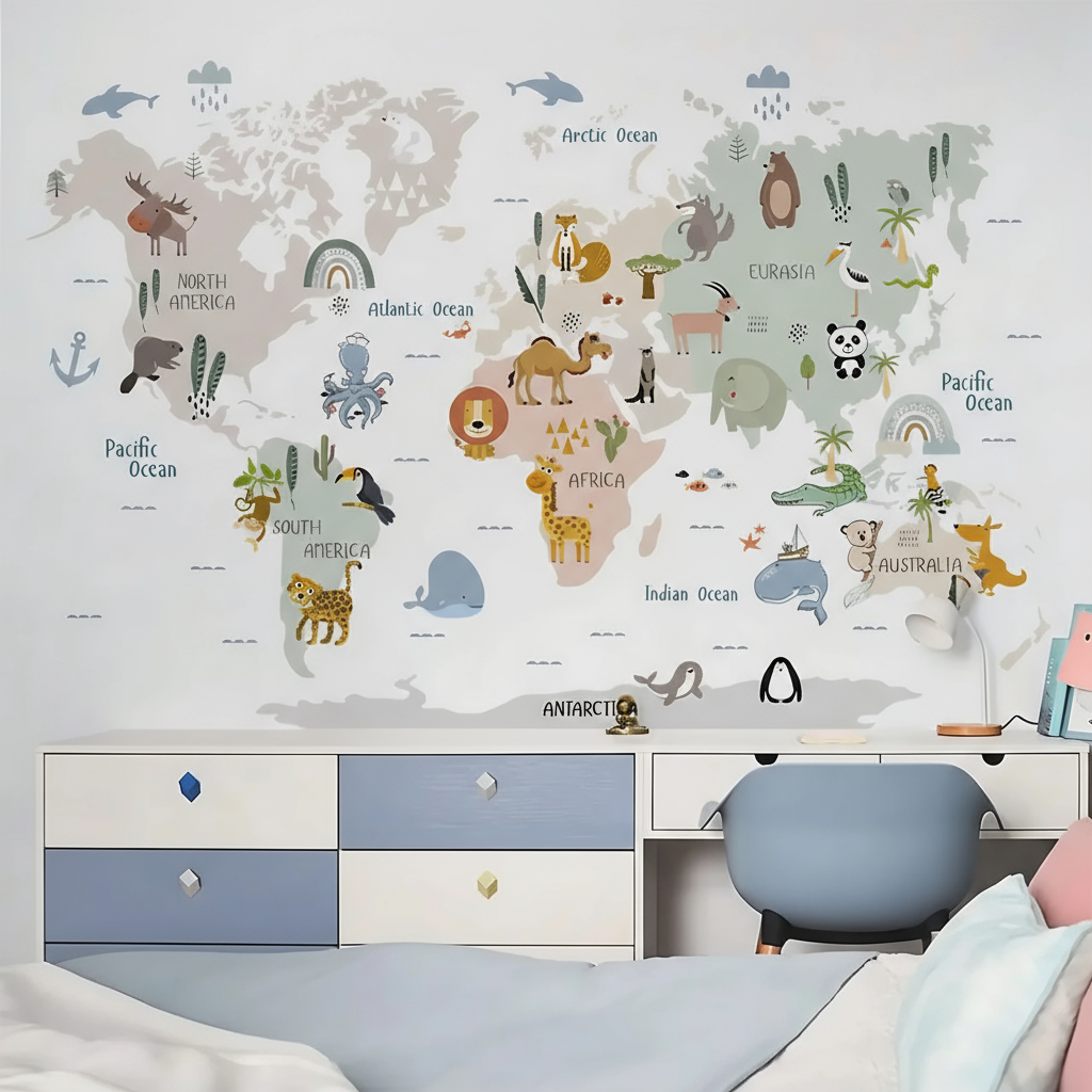 Animal World Map Kids Wall Stickers