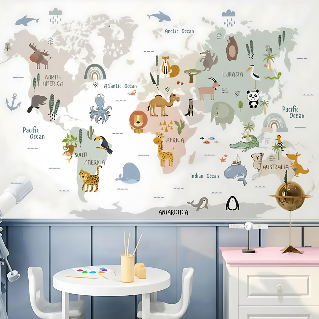 Animal World Map Kids Wall Stickers