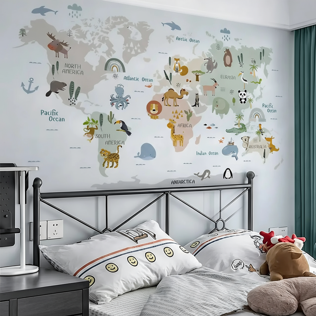 Animal World Map Kids Wall Stickers
