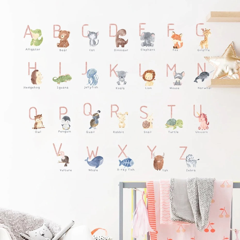 Animals Alphabet Watercolor Kids Wall Stickers